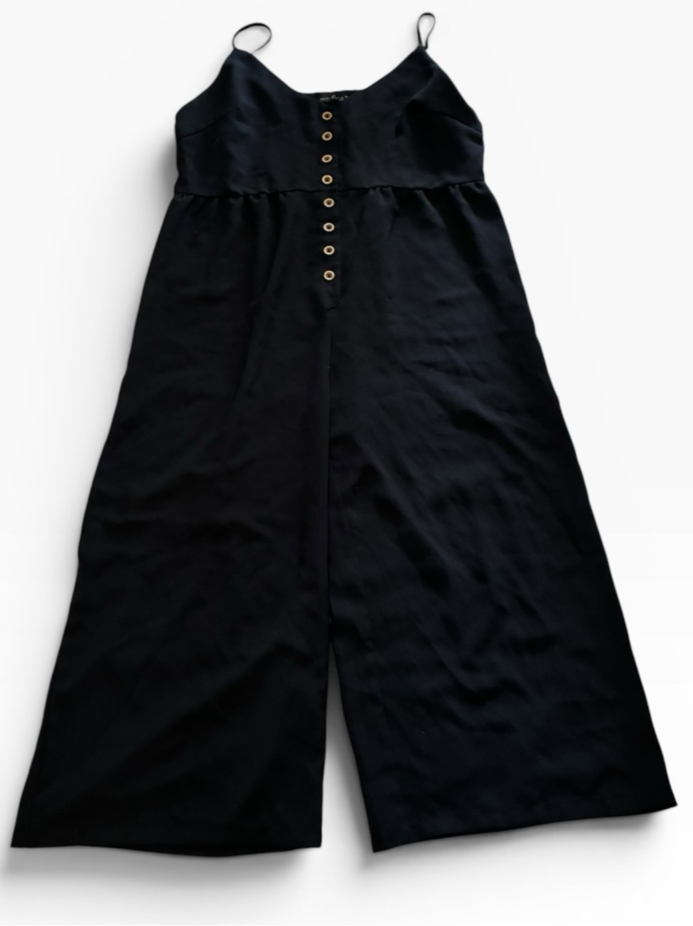 Spaghetti-Strap Black Wide-Leg Jumpsuit with Front Buttons